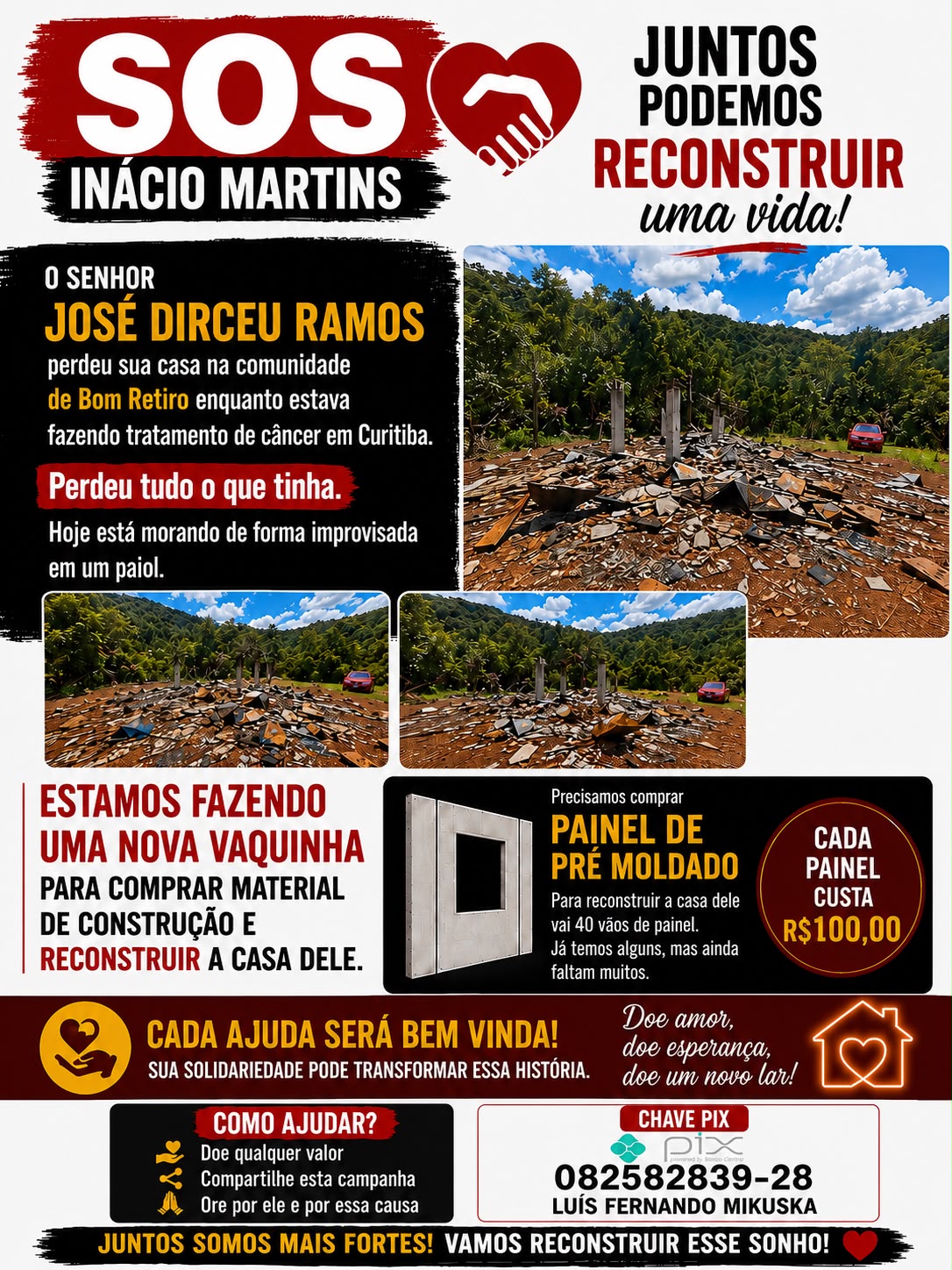 Campanha arrecada doações para reconstruir casa de morador de Inácio Martins que perdeu tudo em incêndio