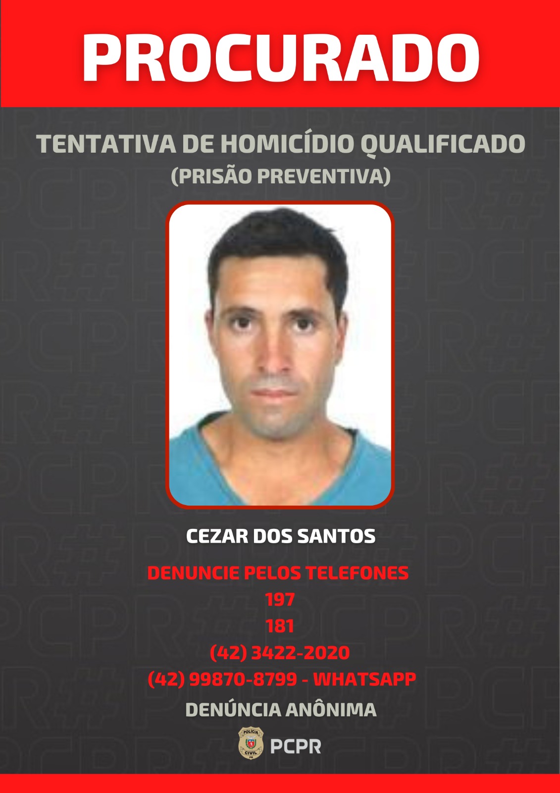 PCPR divulga foto de foragido por dupla tentativa de homicídio contra os próprios irmãos em Inácio Martins
