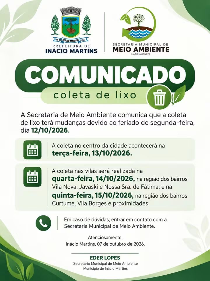 Coleta de lixo tem alterações em Inácio Martins por causa do feriado de 12 de outubro